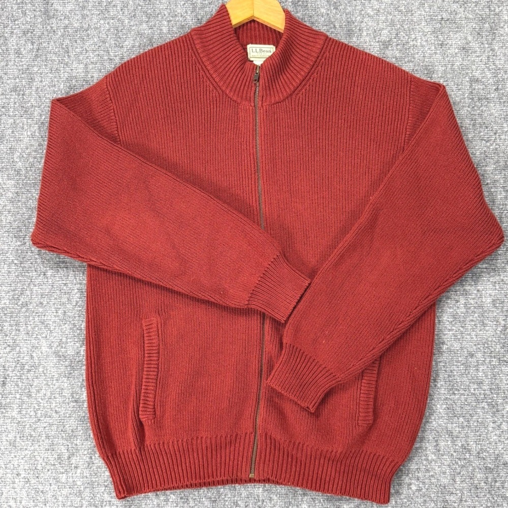 Vintage L.L.Bean Full Zip Sweater Men's Medium Brick Red Cotton Blend Hong Kong